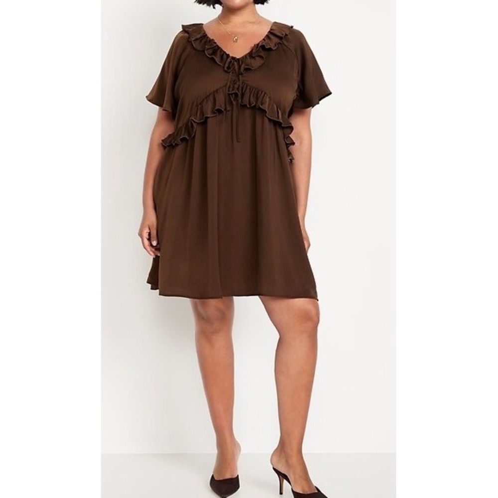 New Old Navy Ruffle Tiered Dress XXL Tall Brown V-Neck Flutter Sleeve Pockets